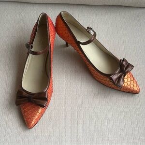 NWOT Shoes of Prey Orange Scaled Heels with Brown Trim, size 10.5 (EU 41.5)